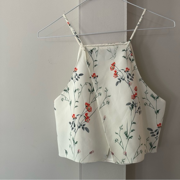 ZARA GREEN & CREAM FLORAL RACER BACK STYLE A-LINE TANK OVERLAP AT REAR SZ  MED - Picture 5 of 8